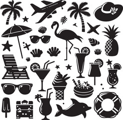 Vintage vector set of nautical and pirate sea travel icons with ship, boat, sun, and lighthouse illustrations, perfect for summer beach vacation patterns or ocean sketches