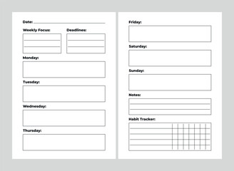 A5 Weekly Planner with Daily Blocks, Focus, Deadlines, Notes, Habit Tracker, 2 Pages Spread, Minimalist Design
