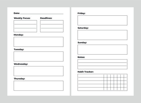 A5 Weekly Planner with Daily Blocks, Focus, Deadlines, Notes, Habit Tracker, 2 Pages Spread, Minimalist Design