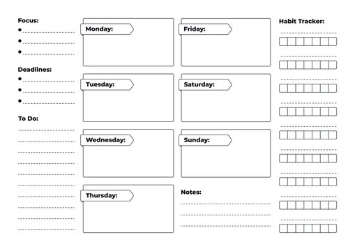 A4 Weekly Planner with Daily Blocks, Focus, Deadlines, To-Do List, Notes, and Habit Tracker in Minimalist Style - Powered by Adobe
