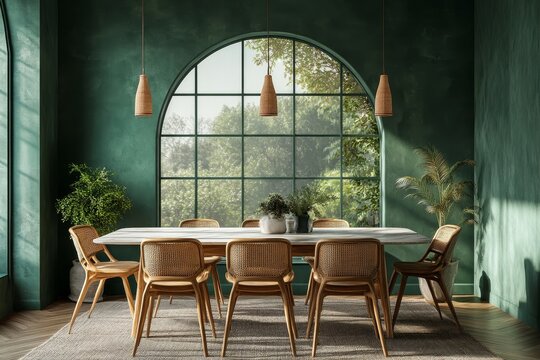 Interior design of a modern apartment, showcasing a kitchen, dining room, and living room in a panoramic 3D rendering for an open-plan aesthetic. Created with, Generative AI