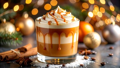 Layered caramel coffee drink in rocks glass, garnished with whipped cream and caramel drizzle, surrounded by festive holiday decorations
