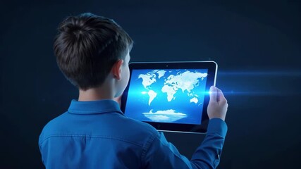 Boy holding tablet with digital world map screen technology concept blue light glow futuristic view combining advanced blue screen technology - Powered by Adobe