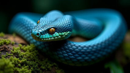 Fototapeta premium Blue Viper Snake Close-Up on Mossy Branch