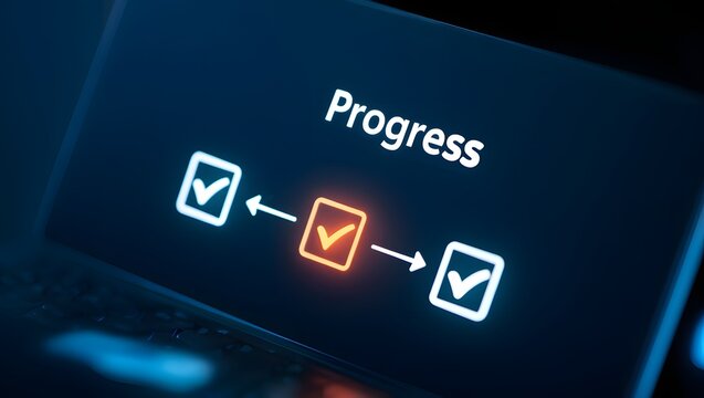 Businessman touching to tick correct mark in checklist with progressive loading status to remind work task progressive for project develop management and tracking concept.