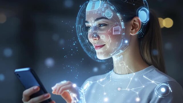 Futuristic digital hologram interface showcasing innovative technology and smartphone interaction with advanced digital technology and AI concepts - Powered by Adobe