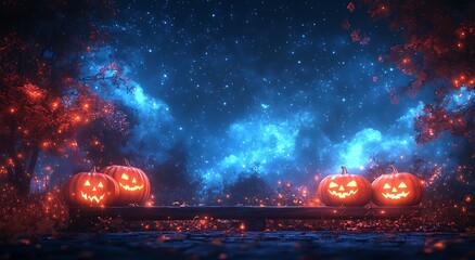 Glowing Jack O Lanterns on Wooden Bench Under Starry Night Sky Halloween pumpkin