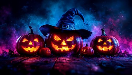 Naklejka premium Glowing Jack O Lanterns with Witch Hat on Wooden Surface at Night halloween pumpkin
