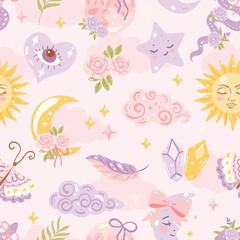 Cute Celestial Pastel Pattern with Sun Moon Stars Clouds Crystals and Roses, Whimsical Magical Sky Seamless Background
