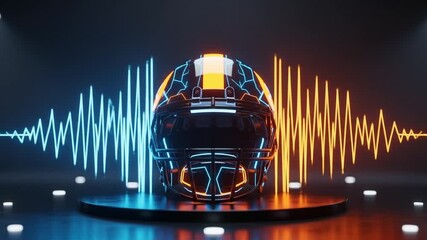 Futuristic football helmet on a pedestal with glowing sound waves in blue and orange, illuminated by spotlights. - Powered by Adobe