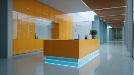Angular bright office zone with glossy orange cabinetry, reflective yellow wall panels, and glowing blue LED path lights casting