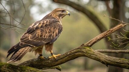Red-tailed hawk, a majestic bird of prey, perched on a branch in its natural wildlife habitat