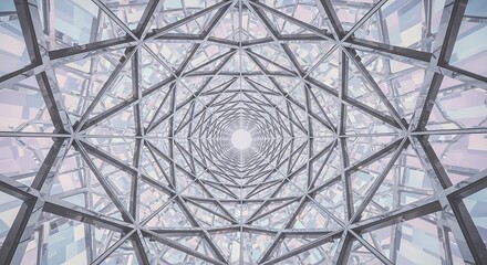 Abstract view looking up at a geometric glass and steel structure, creating a symmetrical, tunnel-like perspective with light at the center.