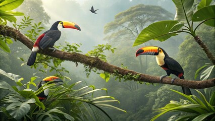 A colorful tropical toucan with a prominent beak perches on a branch in the Brazilian rainforest