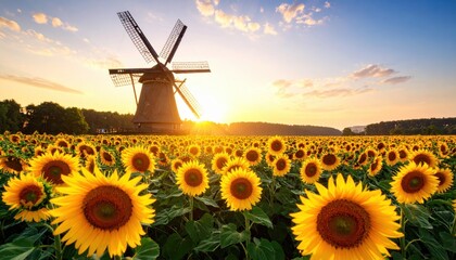 Golden Hour Sunflower Field with Historic Windmill and Dramatic Sunset