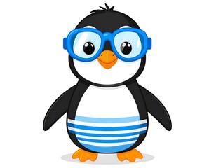 A cute cartoon penguin wearing blue swimming trunks and oversized glasses
