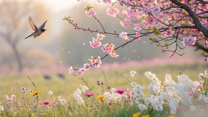 Pink spring blossoms adorn tree branches, a beautiful floral decoration in nature