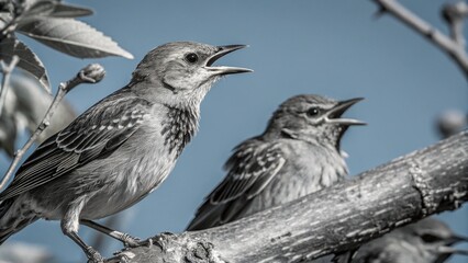 A striking portrait of a blackbird, its dark feathers contrasting with the natural brown of a branch, captures the essence of wild avian life