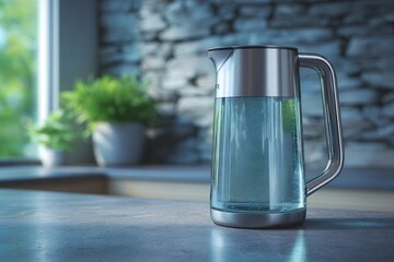 Glass pitcher with water on a countertop