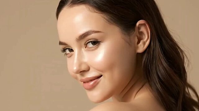 Closeup of a womans face showcasing her smooth skin elegant features and glossy lips