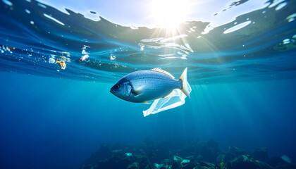 Obraz premium One fish swimming near floating plastic in clear water, underwater shot