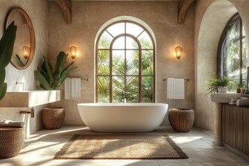 Fototapeta premium Mediterranean-inspired interior design of a spacious bathroom, featuring rustic elements and arched windows for a luxurious yet cozy atmosphere. Created with technology, Generative AI