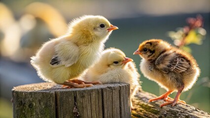 Yellow, fluffy newborn chicks and baby chickens on a farm, some isolated, others with a mother hen