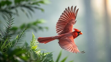 A vibrant green hummingbird in tropical nature, captured in flight near a red flower, or perched on a branch, showcases its delicate wings and long beak