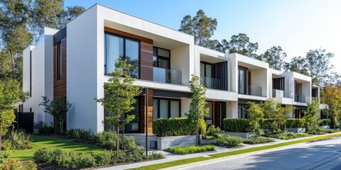 Obraz premium Modern modular private white townhouses, showcasing minimalist residential architecture with a sleek exterior design, Generative AI