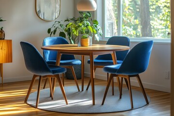 Fototapeta premium Round wooden dining table with blue chairs, designed in Scandinavian mid-century style for a modern dining room, Generative AI