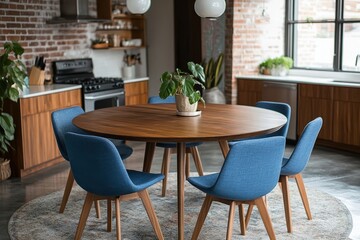 Round wooden dining table with blue chairs, designed in Scandinavian mid-century style for a modern dining room, Generative AI