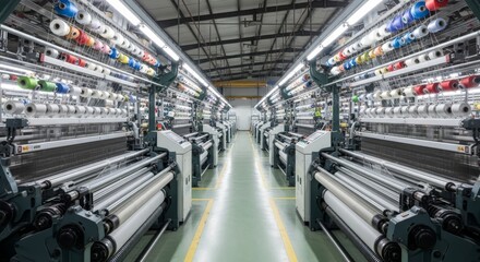 Textile Factory Production: Rows of Automated Spinning Machines Processing Colorful Yarns in a Modern Mill Environment