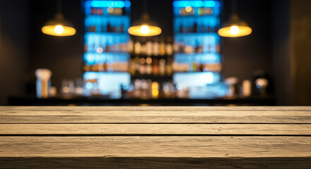 Rustic wood table awaits your product presentation in a vibrant bar setting, perfect for food, beverage, or lifestyle advertising, drink specials