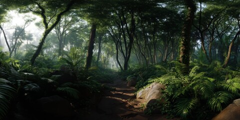 Exploring lush green forest trails nature hdr panoramic 360 degrees viewpoint environment
