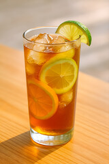 Refreshing iced tea with lemon, lime, and orange slices in tall glass on wooden table in sunlight