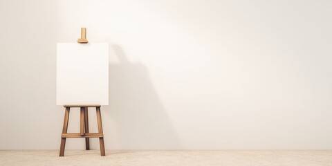 A minimalist scene featuring a blank white canvas resting on a wooden easel, highlighting the beauty of simplicity in pastel tones