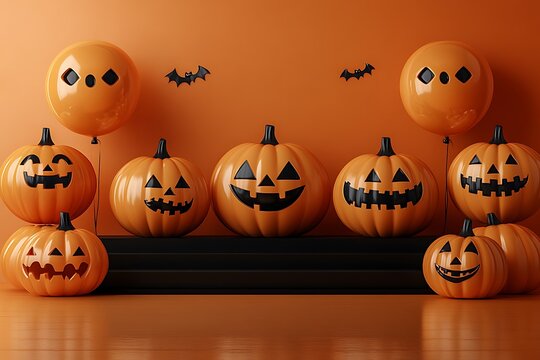 Numerous carved orange pumpkins with black faces and bats on orange background halloween - Powered by Adobe