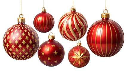 A group of red and gold christmas ornaments isolated on transparent background