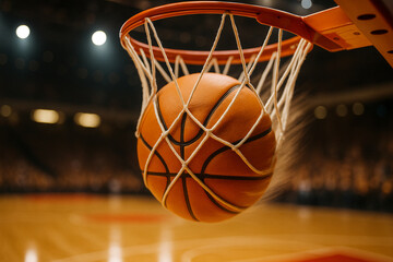 The orange basketball soars toward the hoop and net during a competitive game