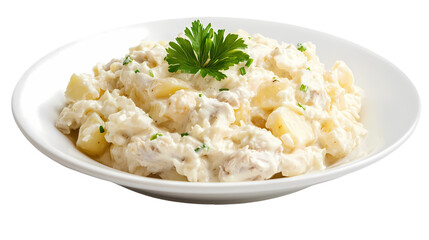 A plate of potato salad with creamy dressing and ham garnished with fresh parsley on a white plate isolated on transparent background