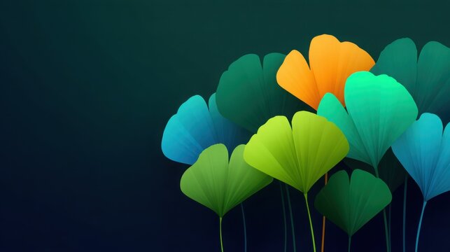 A green and blue background with a bunch of leaves in various colors