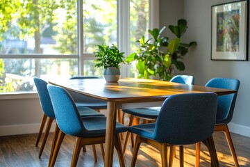 Obraz premium Blue chairs and a wooden dining table placed near a window, reflecting Scandinavian home interior design for a modern dining room, Generative AI