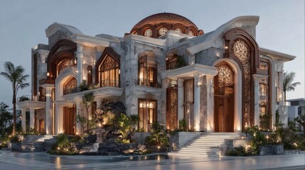 Obraz premium Luxurious Modern Mansion with Ornate Architecture and Elegant Lighting at Dusk