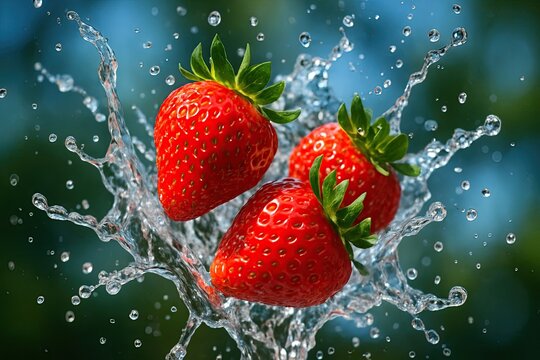 Fresh ripe strawberries splashing in crystal clear water with dynamic water droplets against blurred green natural background