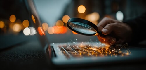 A person is holding a magnifying glass over a laptop computer