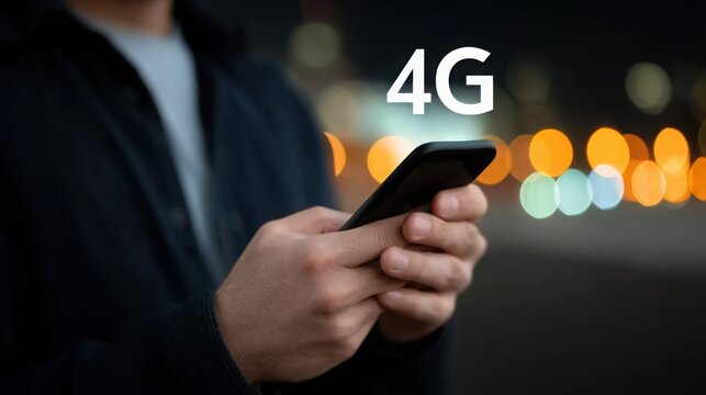 A man is holding a cell phone with the word 4G on it
