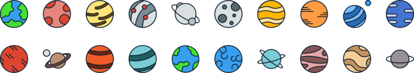 Planet Color Outline Web Icons Collection. Minimalistic Linear Pictogram for Web and Graphic Design, Apps, Banners, Social Network and Cards