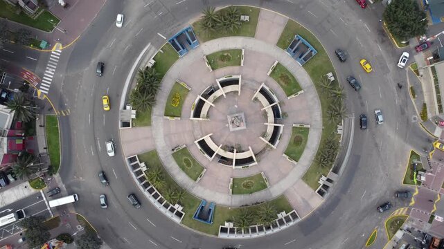 Aerial view of traffic flowing around the ovalo gutierrez roundabout in miraflores, lima, peru
