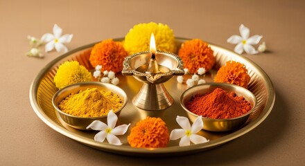 Brass diya with marigolds turmeric and kumkum diwali