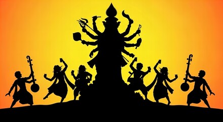 Dancing figures and deity silhouette durga music